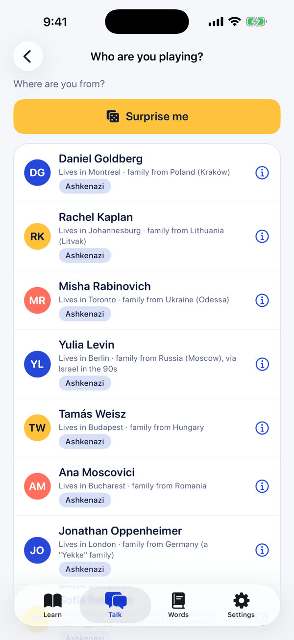 Who are you playing? A list of characters and where their families are from
